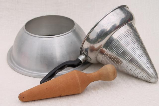 photo of vintage food mill strainer w/  ring to fit on a pot, cone shaped sieve w/ wood masher pestle #1