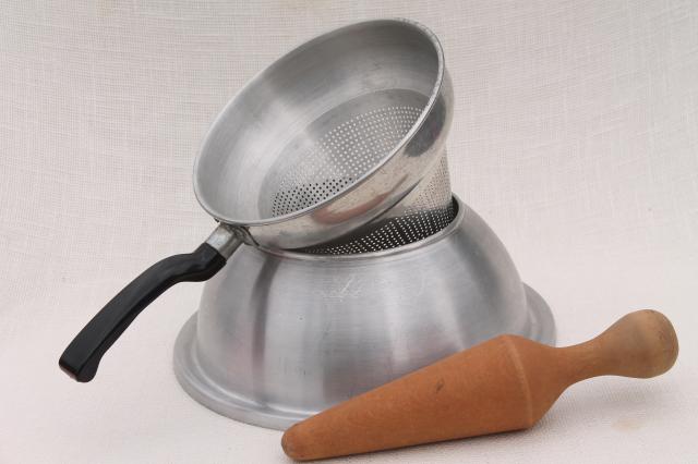 photo of vintage food mill strainer w/  ring to fit on a pot, cone shaped sieve w/ wood masher pestle #3