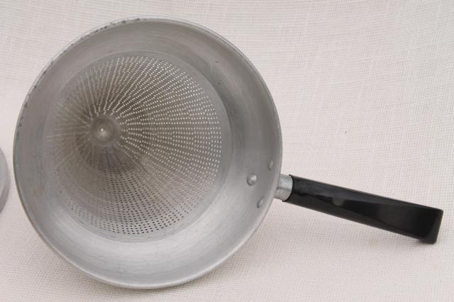 photo of vintage food mill strainer w/  ring to fit on a pot, cone shaped sieve w/ wood masher pestle #4