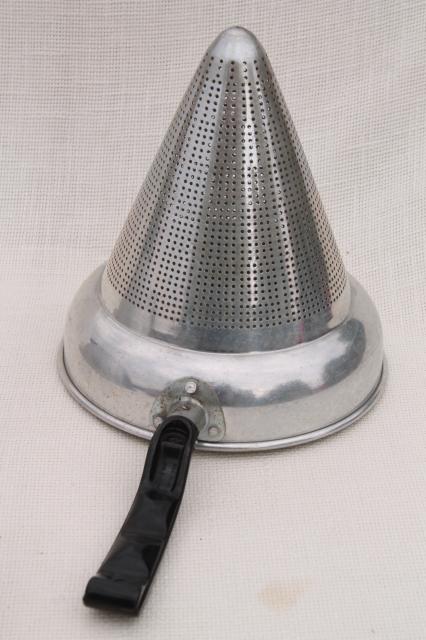 photo of vintage food mill strainer w/  ring to fit on a pot, cone shaped sieve w/ wood masher pestle #5