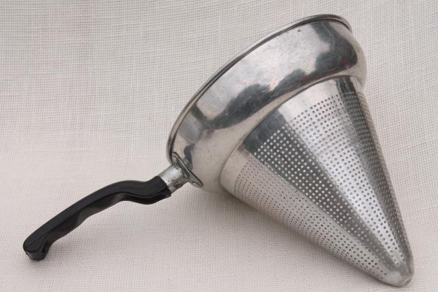 photo of vintage food mill strainer w/  ring to fit on a pot, cone shaped sieve w/ wood masher pestle #6