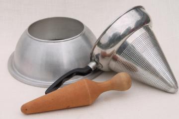 catalog photo of vintage food mill strainer w/  ring to fit on a pot, cone shaped sieve w/ wood masher pestle