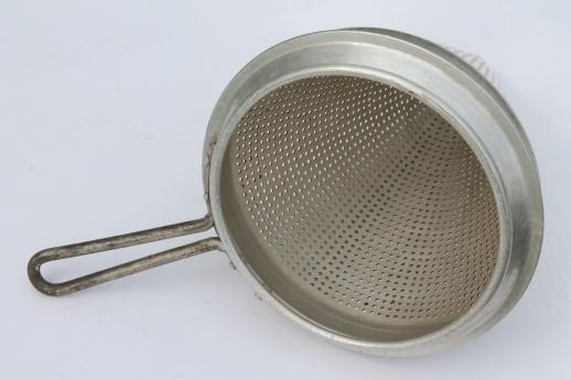 photo of vintage food mill, strainer sieve cone colander basket & wood masher pestle #2