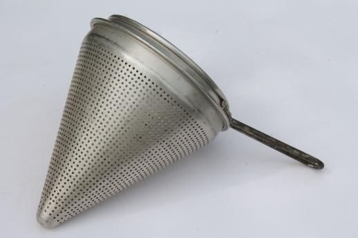 photo of vintage food mill, strainer sieve cone colander basket & wood masher pestle #3