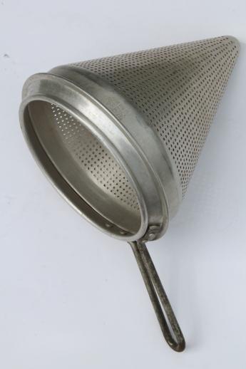 photo of vintage food mill, strainer sieve cone colander basket & wood masher pestle #4