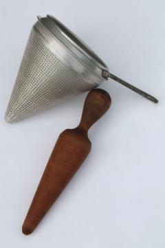catalog photo of vintage food mill, strainer sieve cone colander basket & wood masher pestle