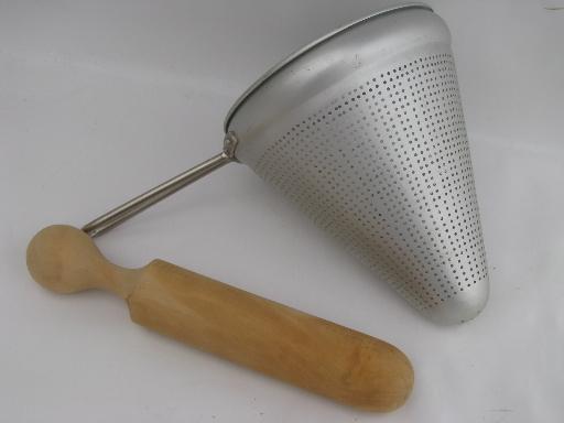 photo of vintage food mill, tripod stand, strainer sieve cone and wood masher #3