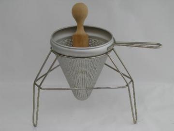 catalog photo of vintage food mill, tripod stand, strainer sieve cone and wood masher