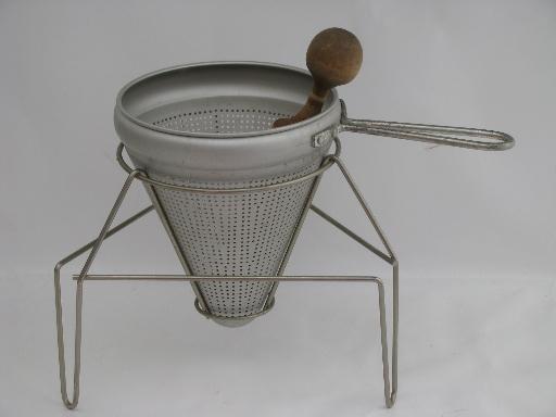 photo of vintage food mill, tripod stand, strainer sieve cone and wood masher #1