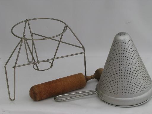 photo of vintage food mill, tripod stand, strainer sieve cone and wood masher #2