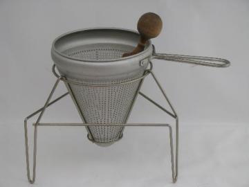 catalog photo of vintage food mill, tripod stand, strainer sieve cone and wood masher