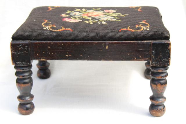 photo of vintage footstool, low stool w/ old needlepoint bench seat, shabby turned wood legs #5