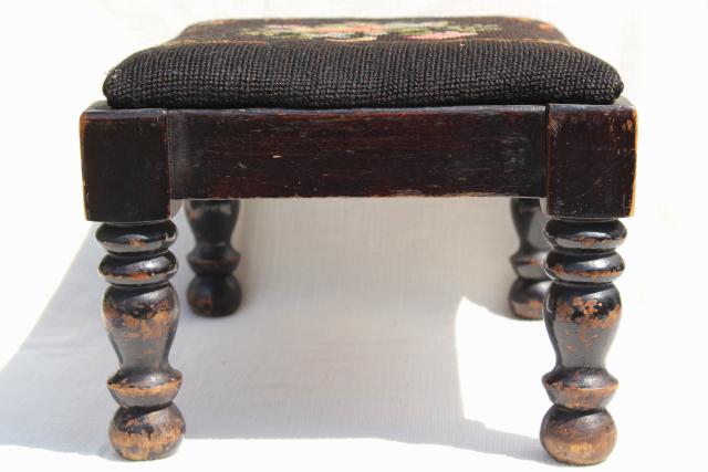 photo of vintage footstool, low stool w/ old needlepoint bench seat, shabby turned wood legs #12