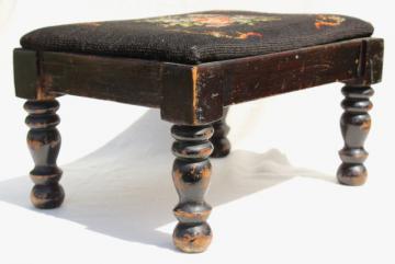 catalog photo of vintage footstool, low stool w/ old needlepoint bench seat, shabby turned wood legs