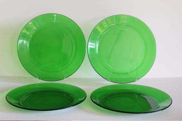photo of vintage forest green glass dinner plates set of four, 10 inch diameter plate #1