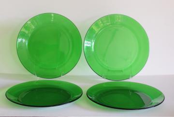 catalog photo of vintage forest green glass dinner plates set of four, 10 inch diameter plate