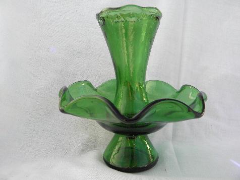 photo of vintage forest green glass epergne, flower vase & bowl centerpiece #1