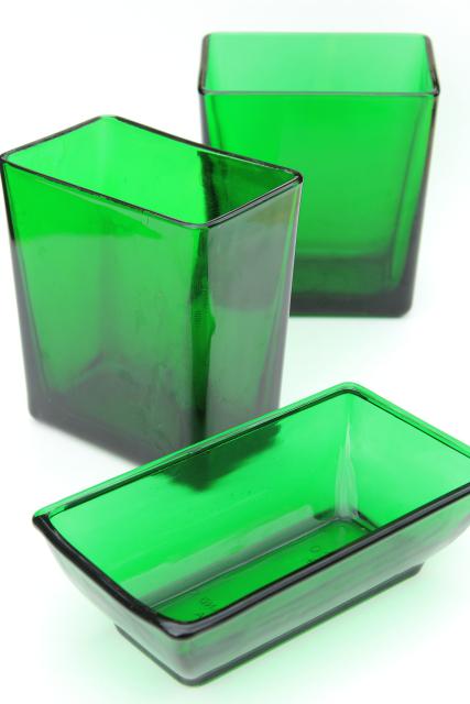 photo of vintage forest green glass planter vases, retro Napco florist display flower buckets #1