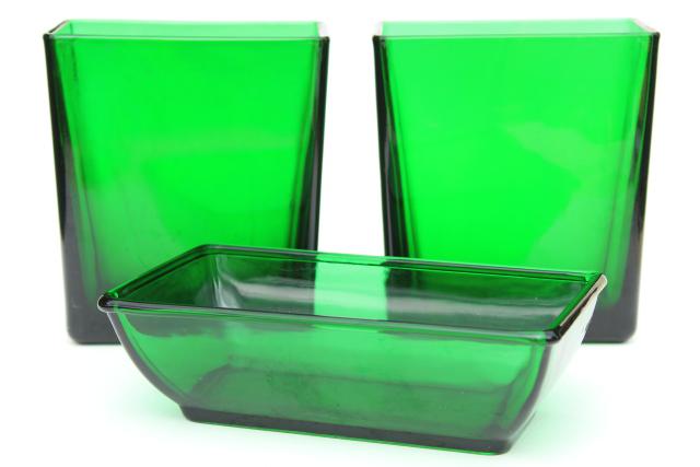 photo of vintage forest green glass planter vases, retro Napco florist display flower buckets #2