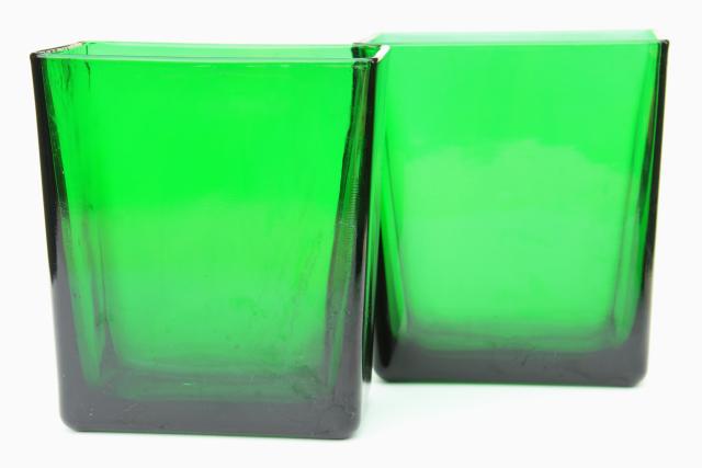 photo of vintage forest green glass planter vases, retro Napco florist display flower buckets #3