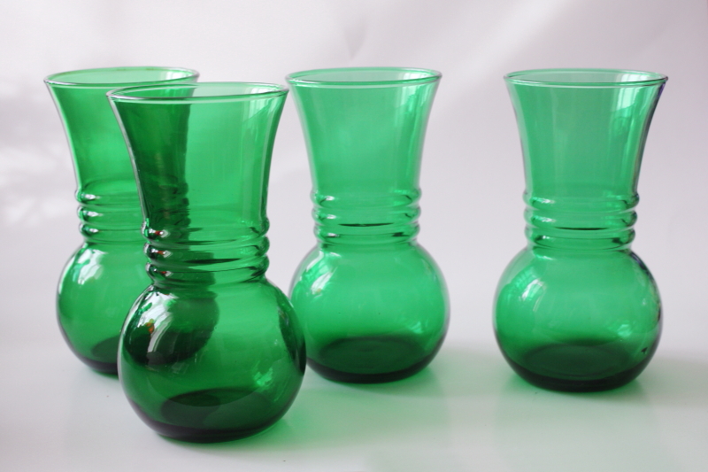 photo of vintage forest green glass vases set of four, holiday table centerpiece grouping  #1
