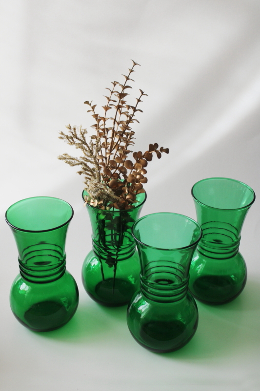 photo of vintage forest green glass vases set of four, holiday table centerpiece grouping  #4