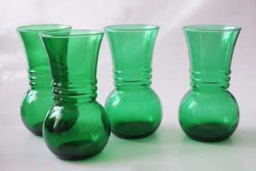 catalog photo of vintage forest green glass vases set of four, holiday table centerpiece grouping 