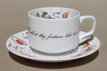 catalog photo of vintage fortune telling tea cup & saucer, English bone china fortune tellers teacup set