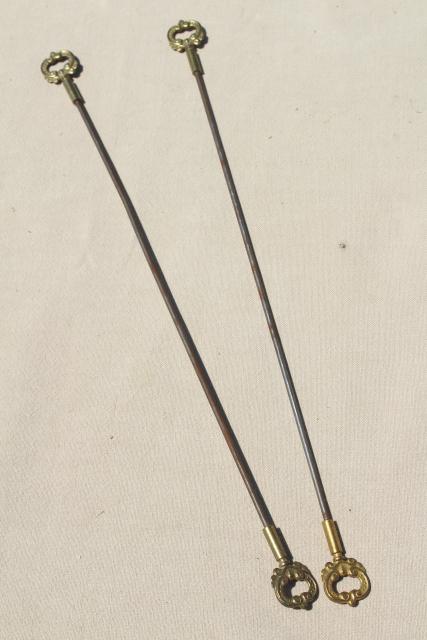 photo of vintage frame rods for bell pull or needlework wall hanging, ornate gold metal finials #1