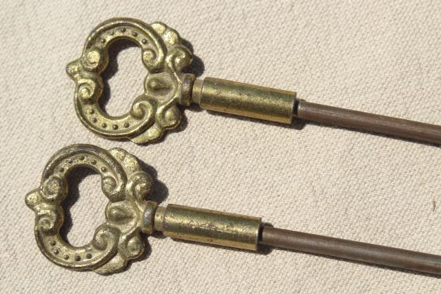photo of vintage frame rods for bell pull or needlework wall hanging, ornate gold metal finials #3