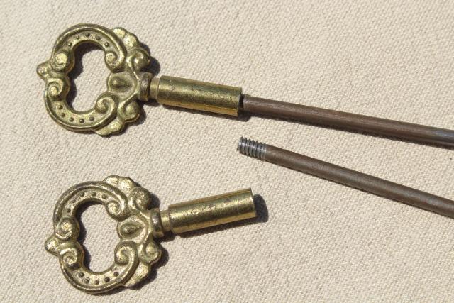 photo of vintage frame rods for bell pull or needlework wall hanging, ornate gold metal finials #4