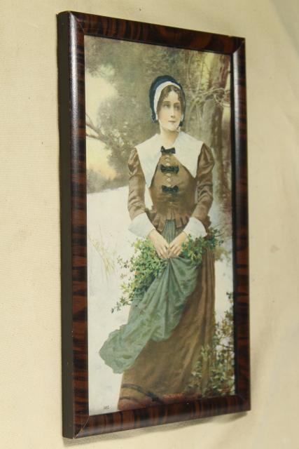 photo of vintage framed art, A Fair Puritan pilgrim lady print, E Percy Moran #1