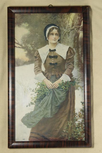 photo of vintage framed art, A Fair Puritan pilgrim lady print, E Percy Moran #2