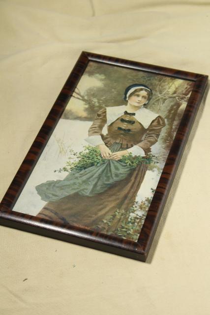 photo of vintage framed art, A Fair Puritan pilgrim lady print, E Percy Moran #5