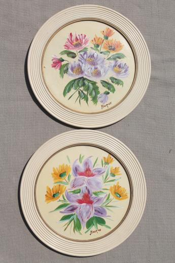 photo of vintage framed art, flower pictures in old round wood picture frames, miniature florals #1