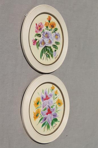 photo of vintage framed art, flower pictures in old round wood picture frames, miniature florals #2