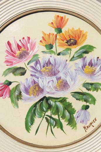 photo of vintage framed art, flower pictures in old round wood picture frames, miniature florals #4