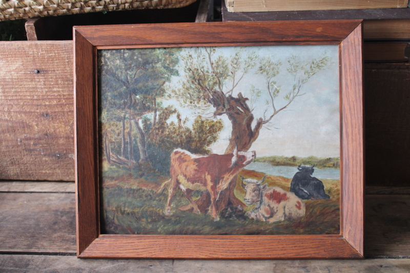 photo of vintage framed art print or naive original painting pastoral landscape cows #1