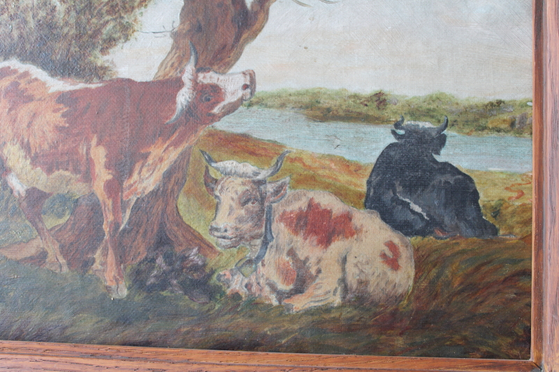 photo of vintage framed art print or naive original painting pastoral landscape cows #2