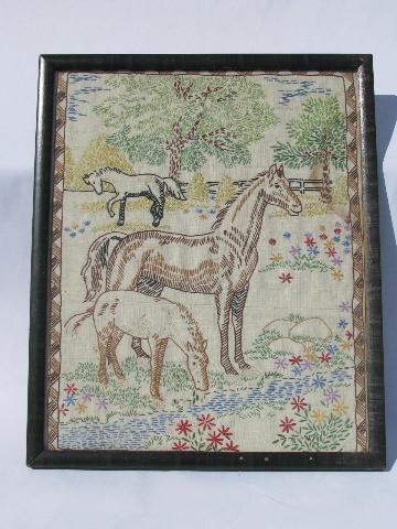 photo of vintage framed embroidery, embroidered horses picture #1