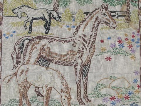 photo of vintage framed embroidery, embroidered horses picture #2