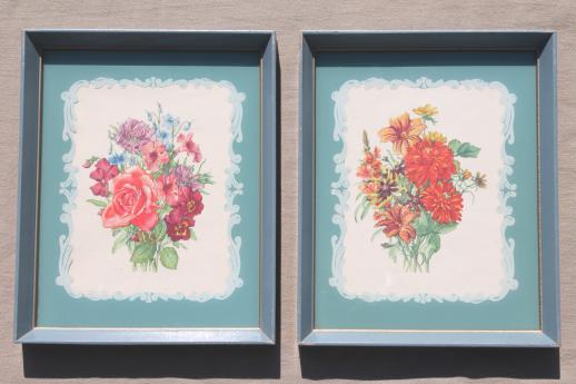 photo of vintage framed floral prints, shabby cottage style flower pictures in old wood frames #1