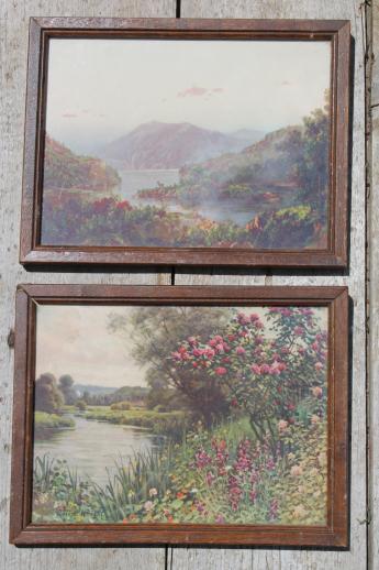 photo of vintage framed landscape prints, river scenes w/ old Peekskill framers mark #1