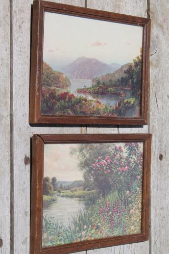 photo of vintage framed landscape prints, river scenes w/ old Peekskill framers mark #2