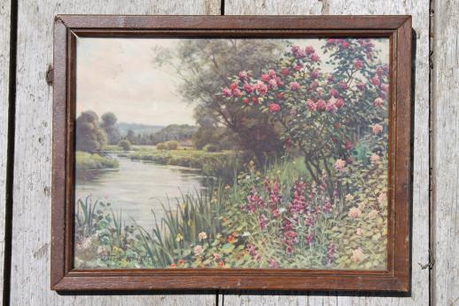 photo of vintage framed landscape prints, river scenes w/ old Peekskill framers mark #3