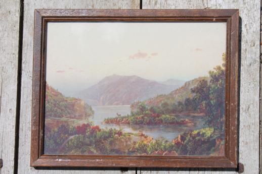 photo of vintage framed landscape prints, river scenes w/ old Peekskill framers mark #4