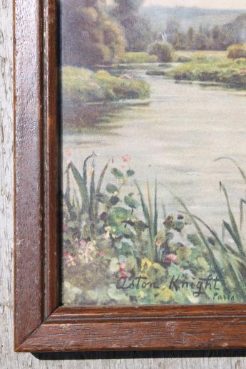 photo of vintage framed landscape prints, river scenes w/ old Peekskill framers mark #5