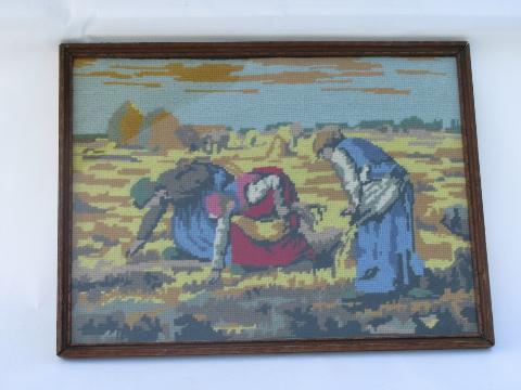 photo of vintage framed needlepoint picture, French fine art painting, The Gleaners #1