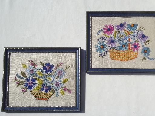 photo of vintage framed needlework, crewel wool embroidered flower pictures on linen #1