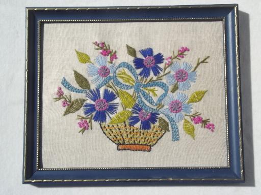 photo of vintage framed needlework, crewel wool embroidered flower pictures on linen #2